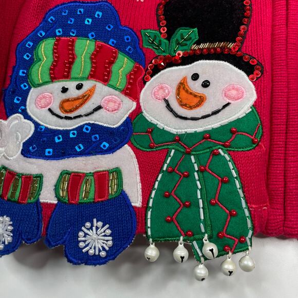 Vintage Tiara International Snowman Christmas Sweater Red Embroidered L - Picture 3 of 7